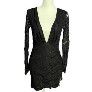 Windsor Black Deep V Neck Open Back Lace Ruched Mini Dress Size Small
